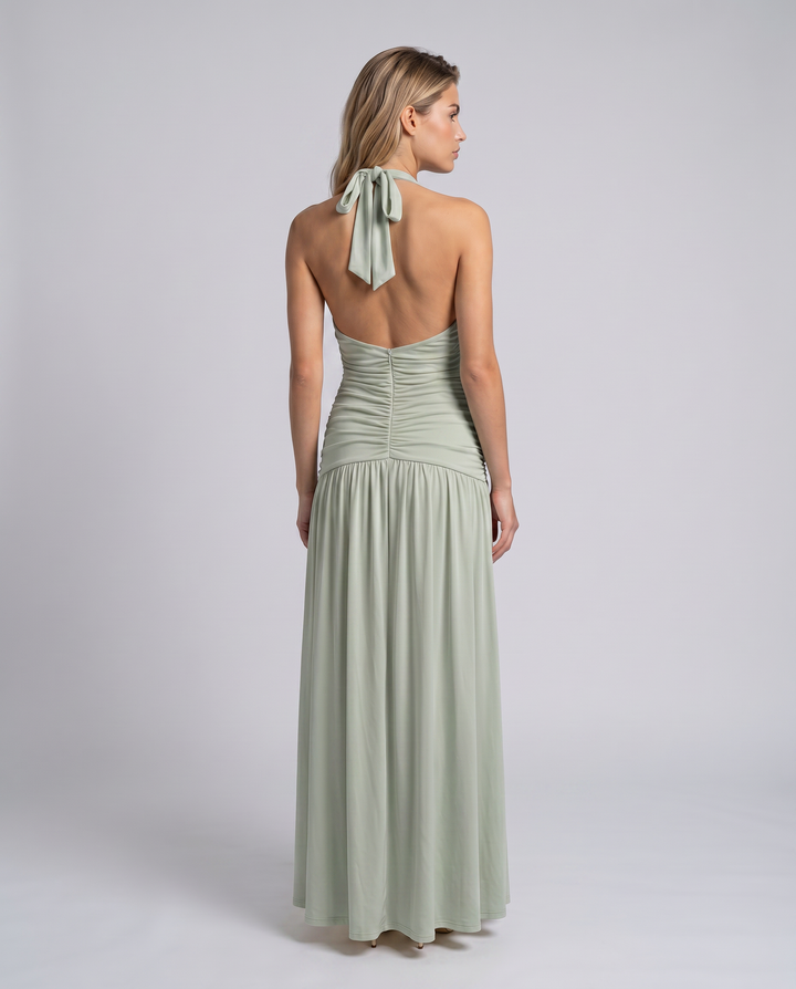Aurore | Ruched Deep V Split Halter Neck Maxi Dress