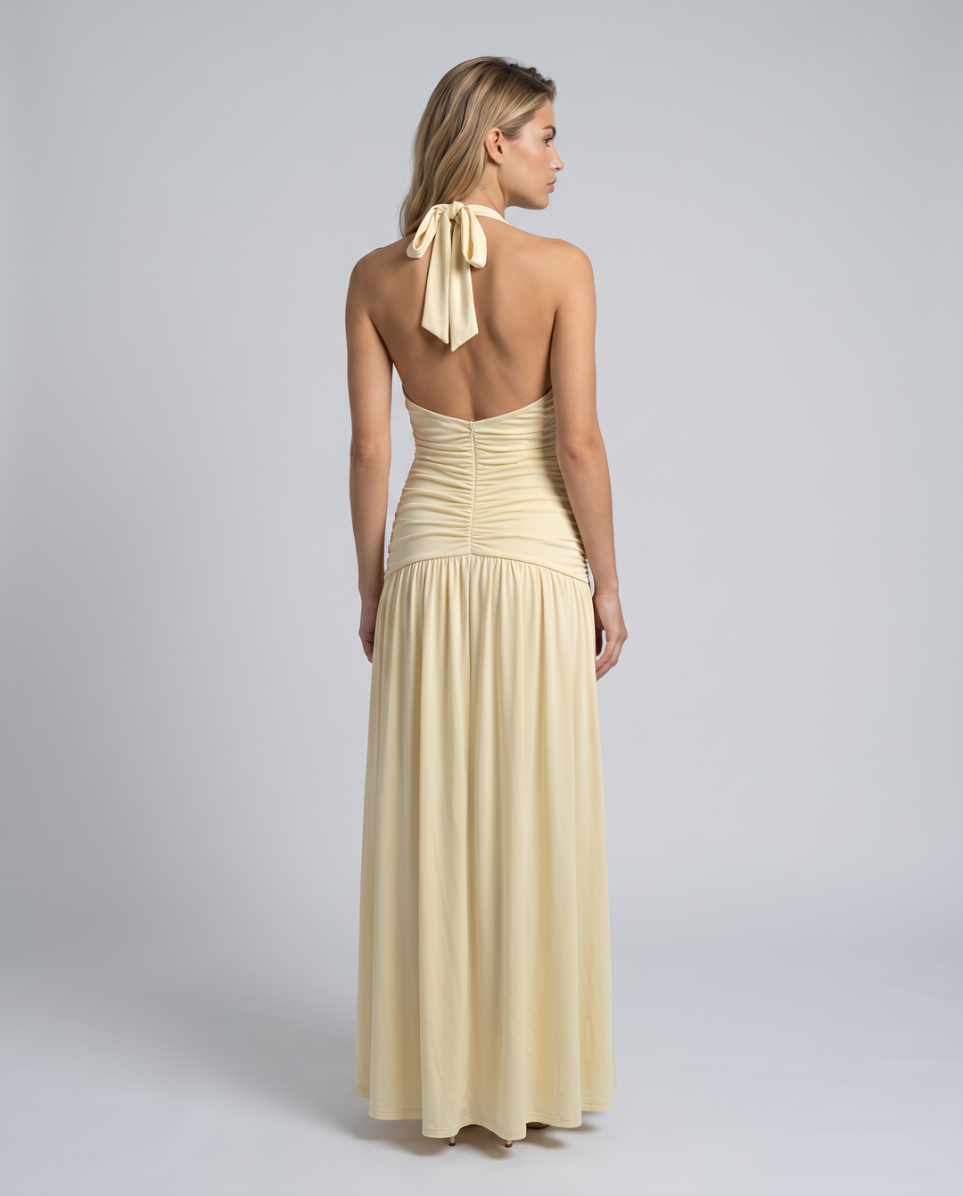 Aurore | Ruched Deep V Split Halter Neck Maxi Dress