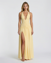 Aurore | Ruched Deep V Split Halter Neck Maxi Dress