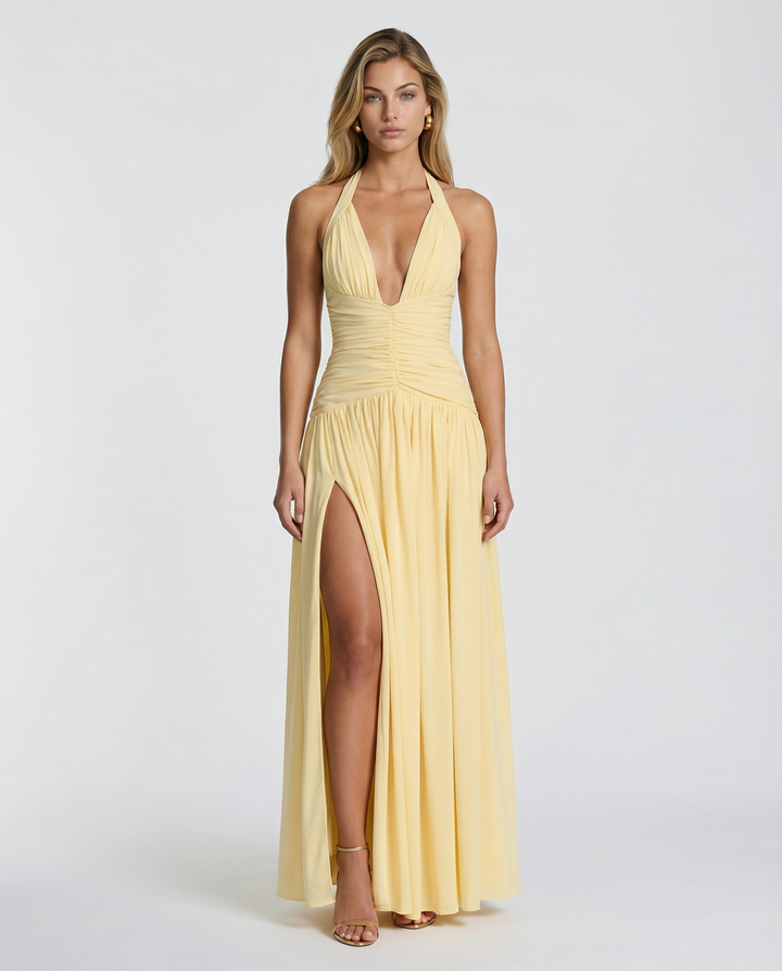 Aurore | Ruched Deep V Split Halter Neck Maxi Dress