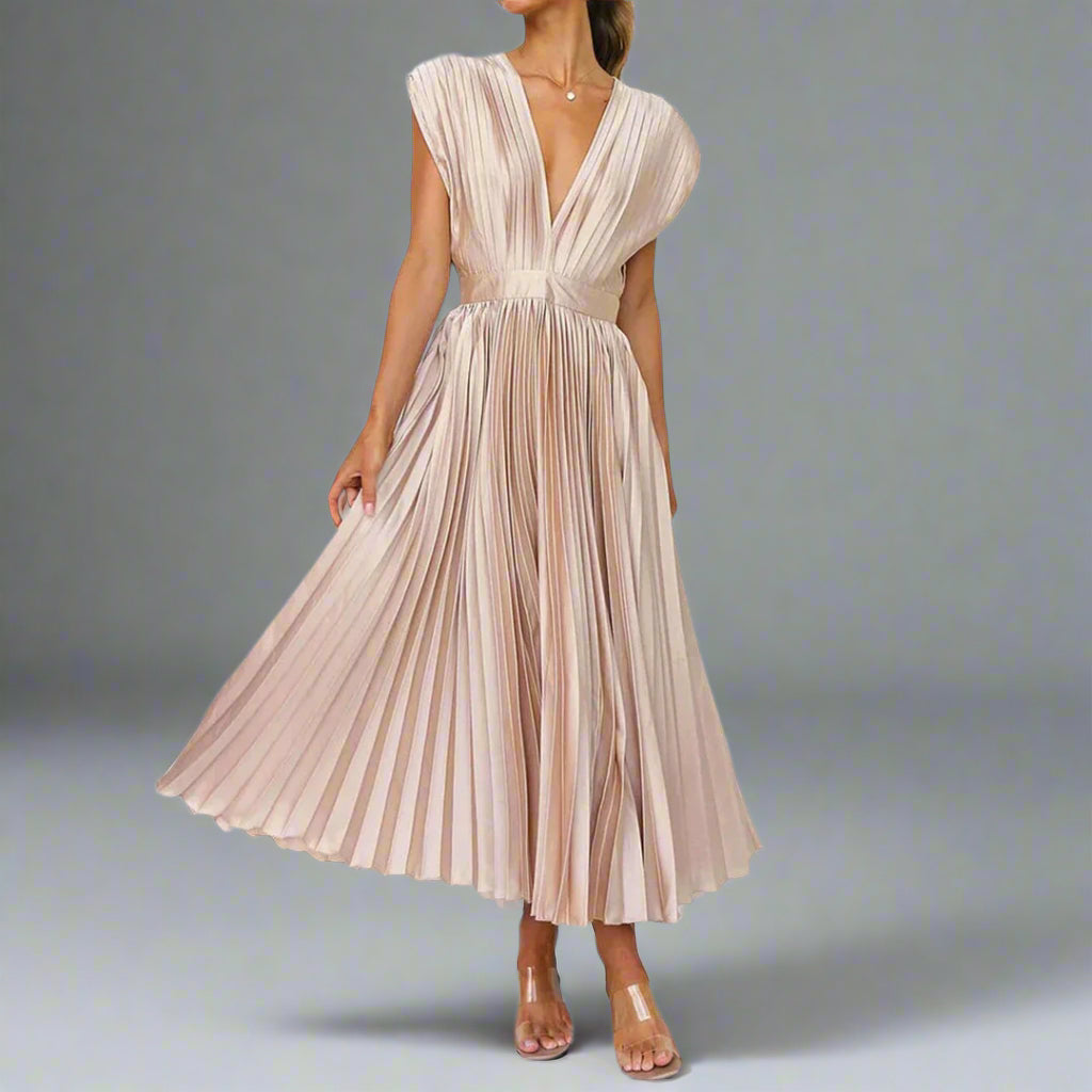 Serafina | Deep V-Neck Womens Pleated Midi Dress with Cap Sleeves