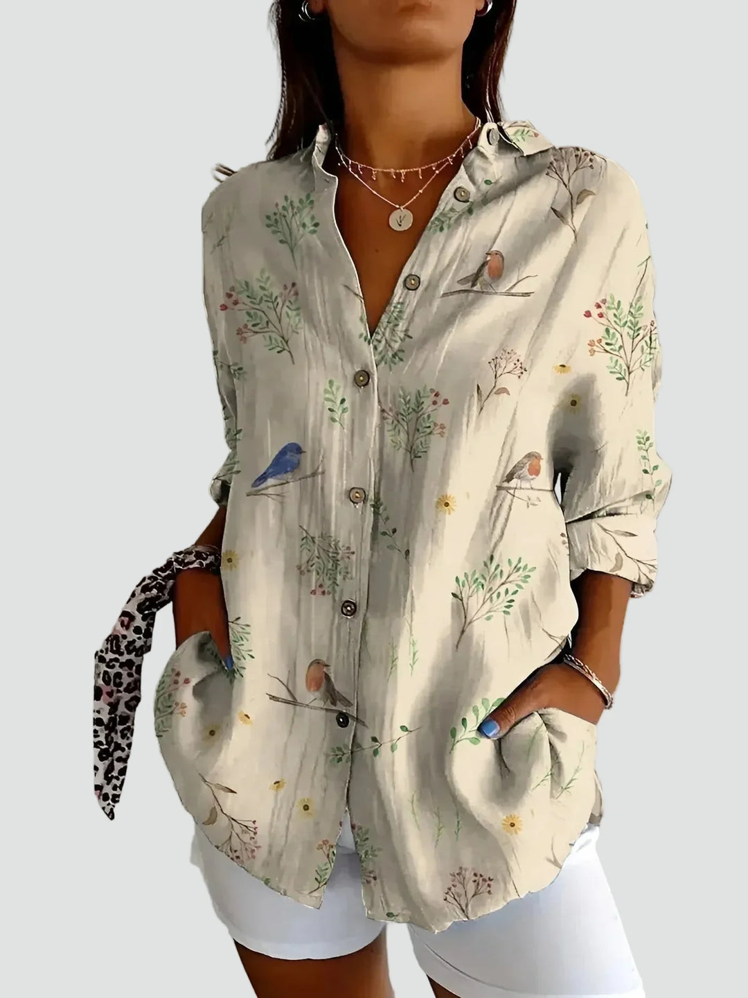 Precious | Bird & Floral Print Button-Up Tunic Blouse