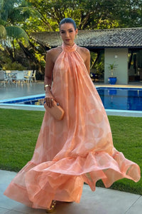 Seraphina | Printed Gathered Ruffle Halter Neck Maxi Dress