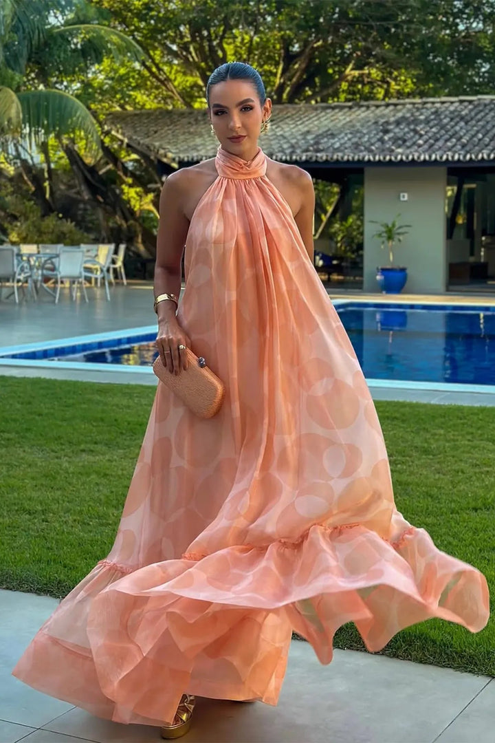 Seraphina | Printed Gathered Ruffle Halter Neck Maxi Dress