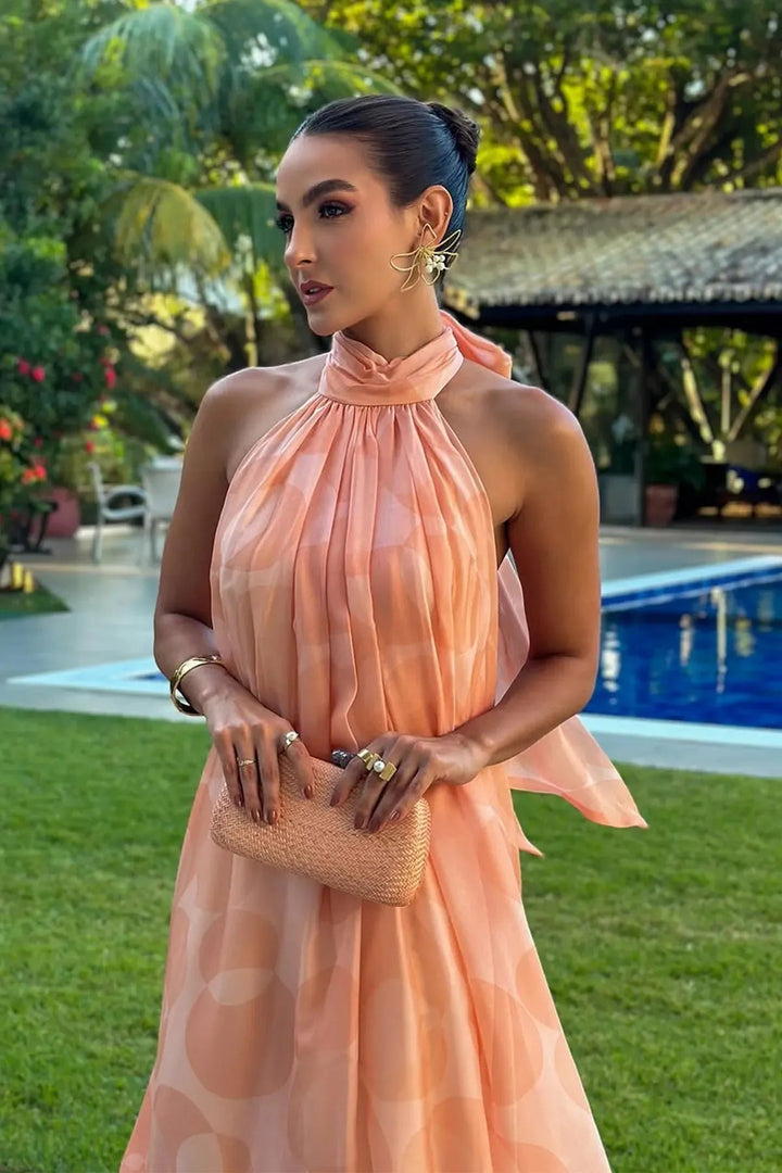 Seraphina | Printed Gathered Ruffle Halter Neck Maxi Dress