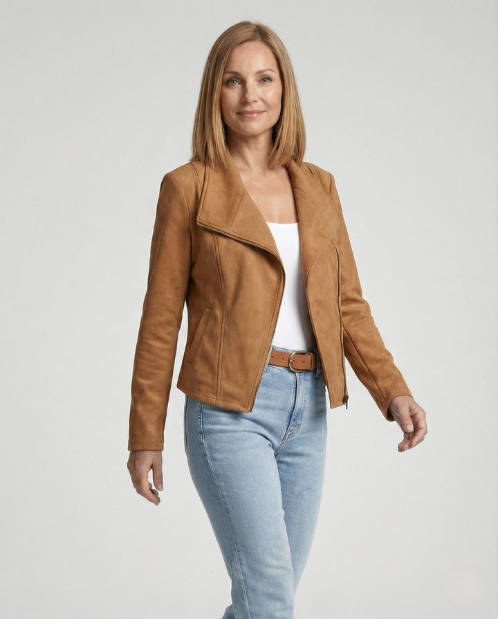 Tawny | Suede Asymmetric Wrap Leather Jacket with Draped Lapel