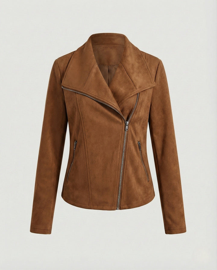 Tawny | Suede Asymmetric Wrap Leather Jacket with Draped Lapel