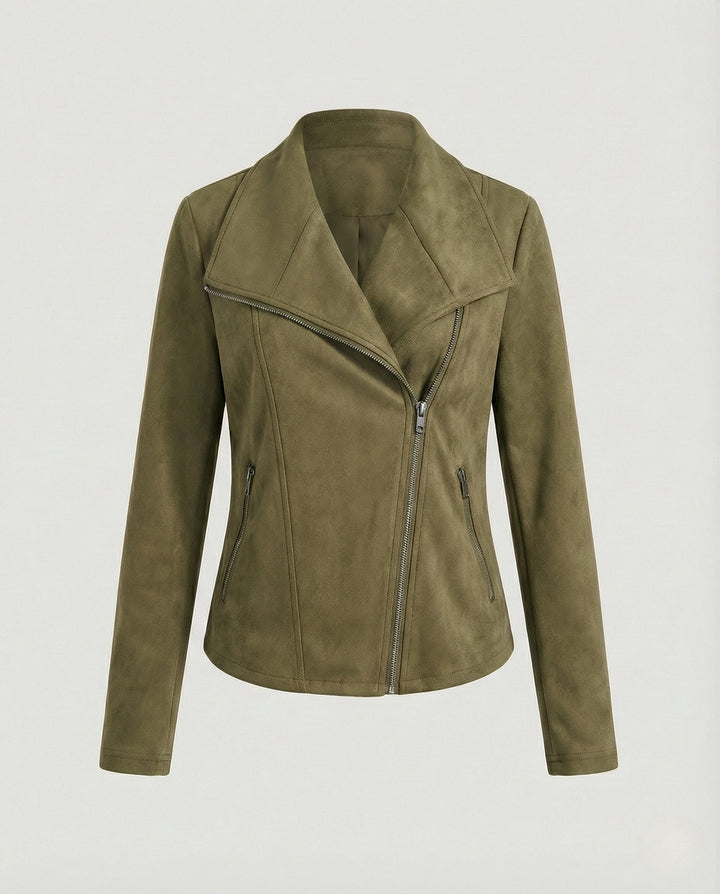 Tawny | Suede Asymmetric Wrap Leather Jacket with Draped Lapel