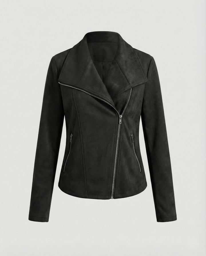 Tawny | Suede Asymmetric Wrap Leather Jacket with Draped Lapel