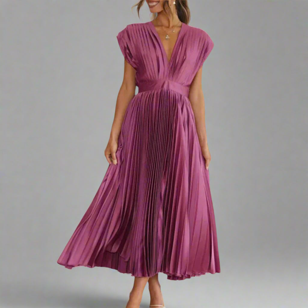 Serafina | Deep V-Neck Womens Pleated Midi Dress with Cap Sleeves