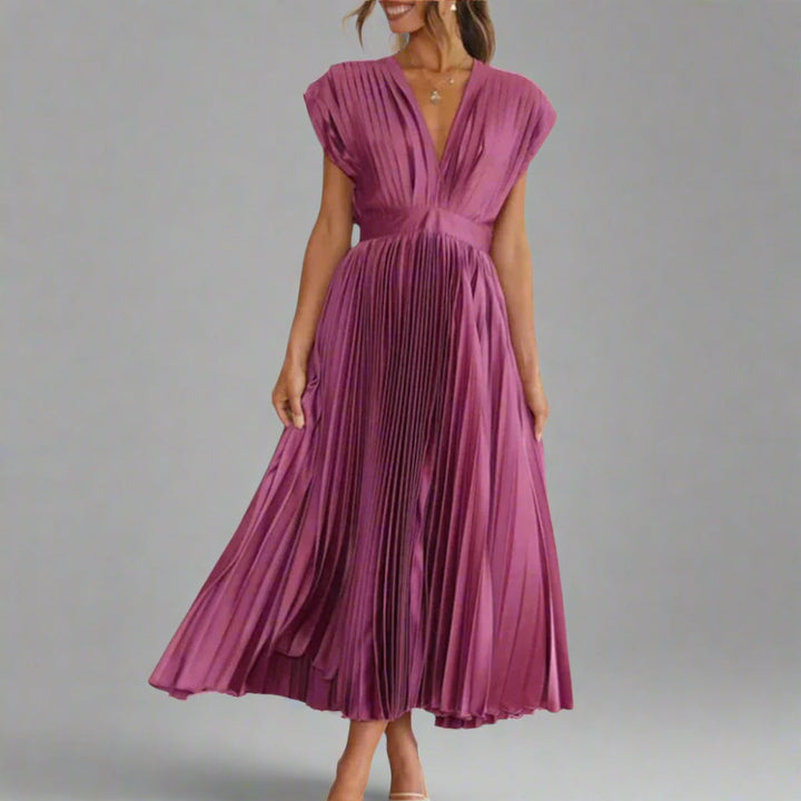 Serafina | Deep V-Neck Womens Pleated Midi Dress with Cap Sleeves