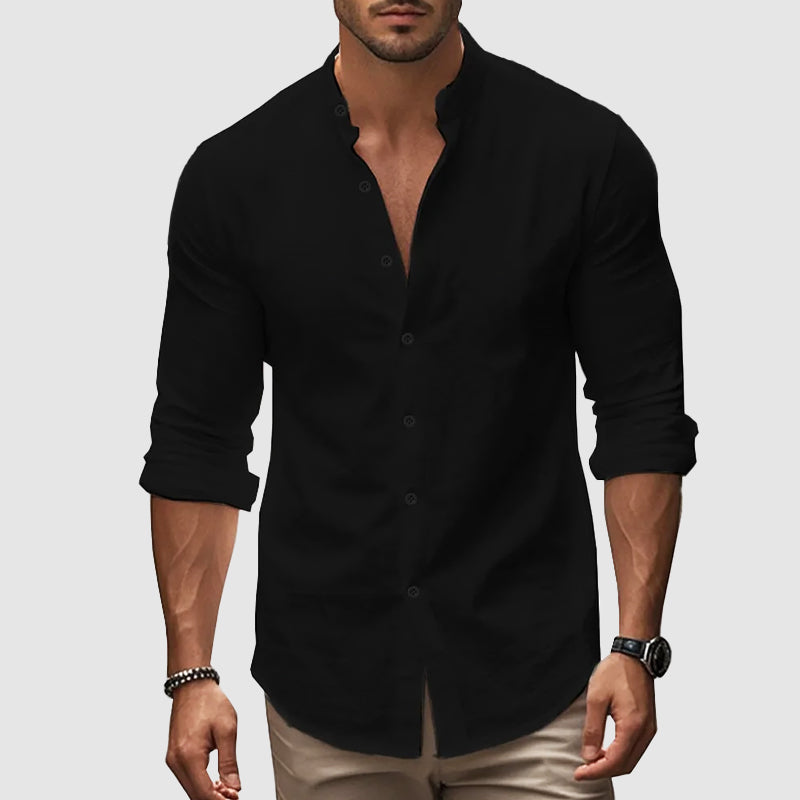Breezy | Grandad Collar Linen Men's Smart-Casual Shirt with Long Sleeves