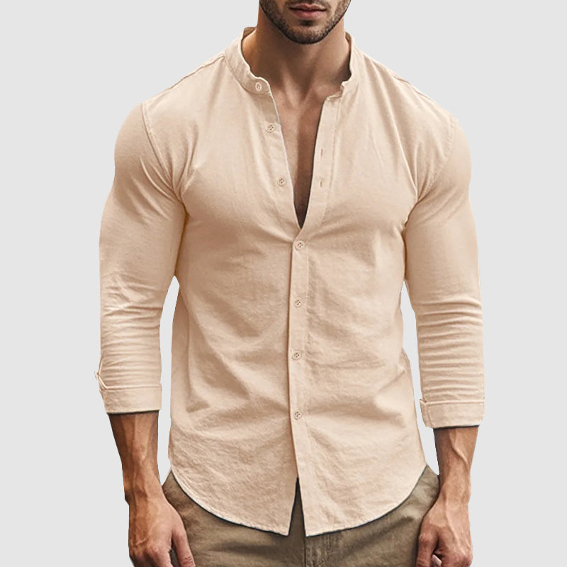 Breezy | Grandad Collar Linen Men's Smart-Casual Shirt with Long Sleeves