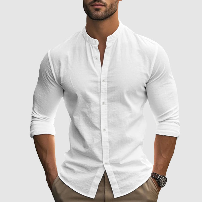 Breezy | Grandad Collar Linen Men's Smart-Casual Shirt with Long Sleeves