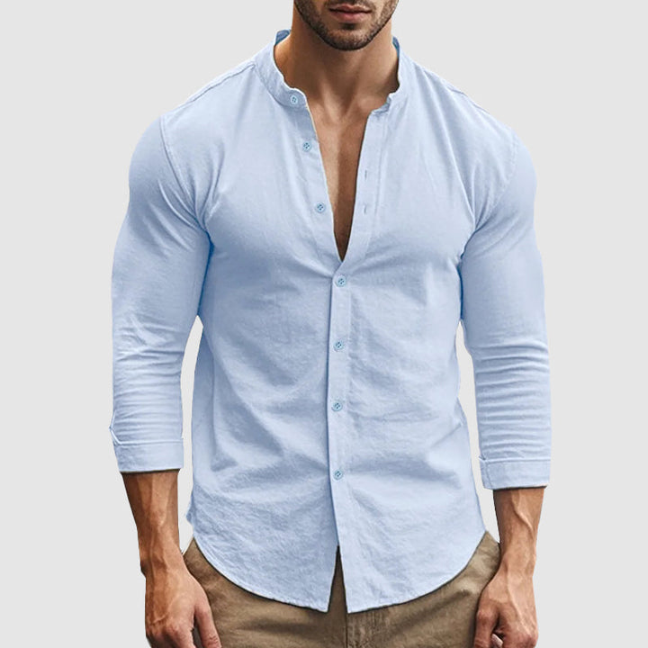 Breezy | Grandad Collar Linen Men's Smart-Casual Shirt with Long Sleeves