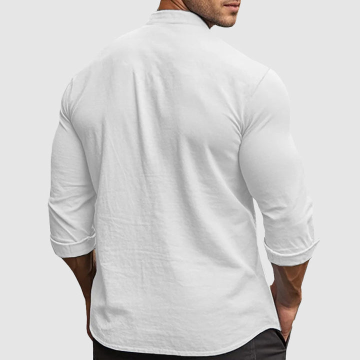 Breezy | Grandad Collar Linen Men's Smart-Casual Shirt with Long Sleeves