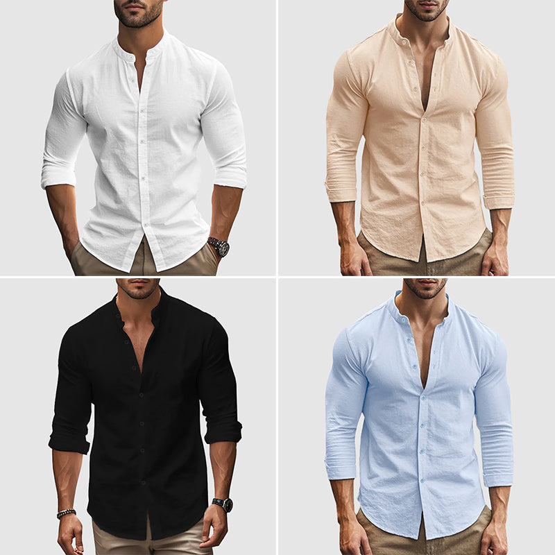 Breezy | Grandad Collar Linen Men's Smart-Casual Shirt with Long Sleeves