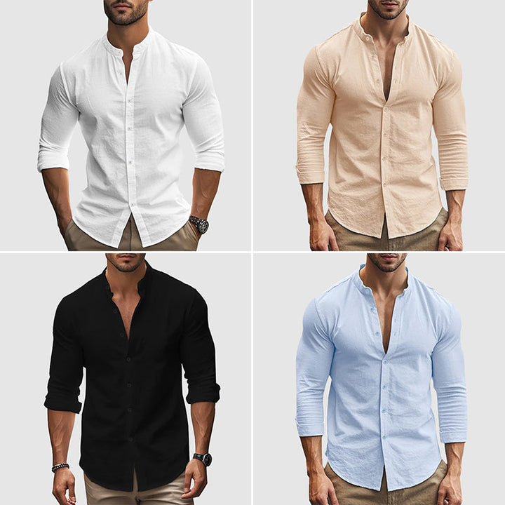 Breezy | Grandad Collar Linen Men's Smart-Casual Shirt with Long Sleeves