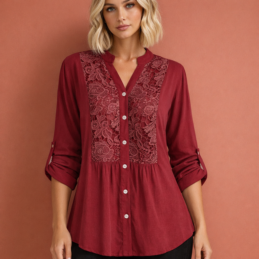 Lacette | Crochet Lace Panel Button-Up Tunic Blouse