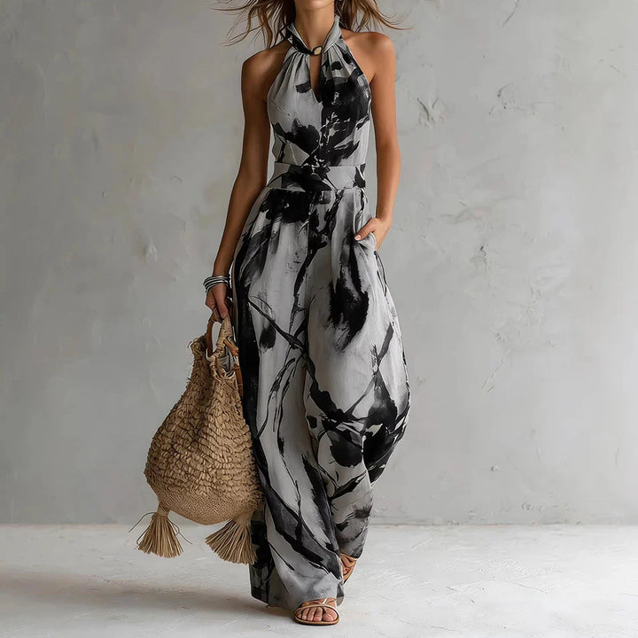 Indigo | Ink Print Wide Leg Halter Neck Jumpsuit