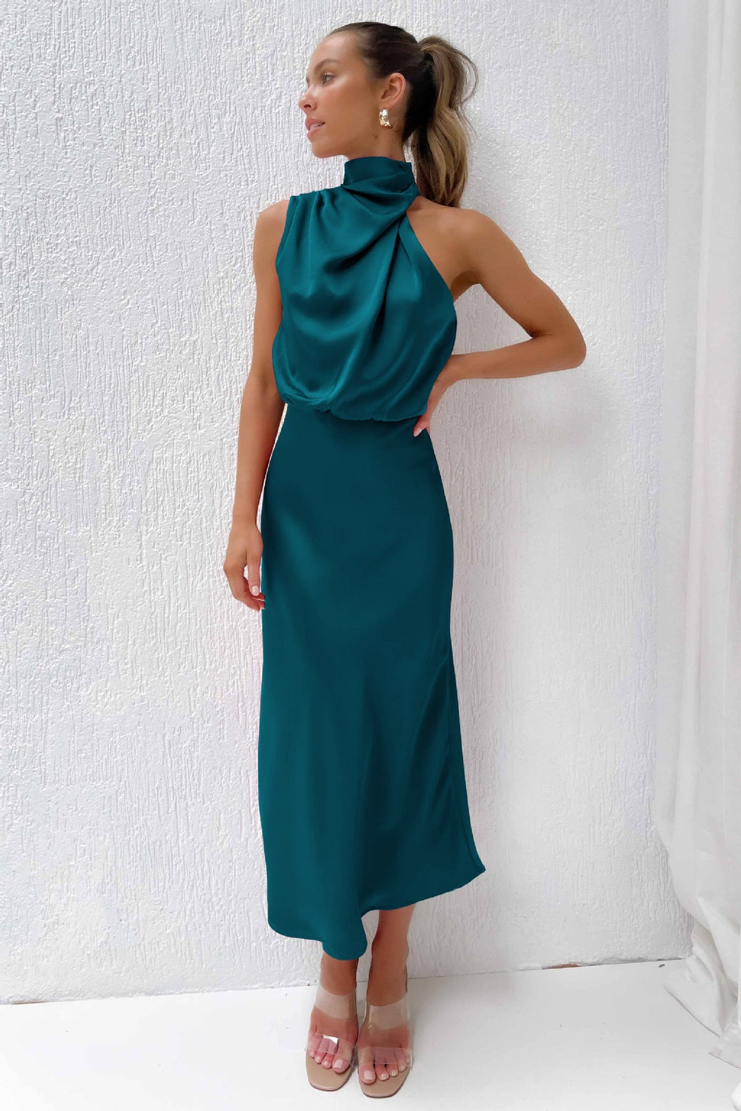 Vesper | Twisted Cowl Blouson Satin Halter Neck Maxi Dress