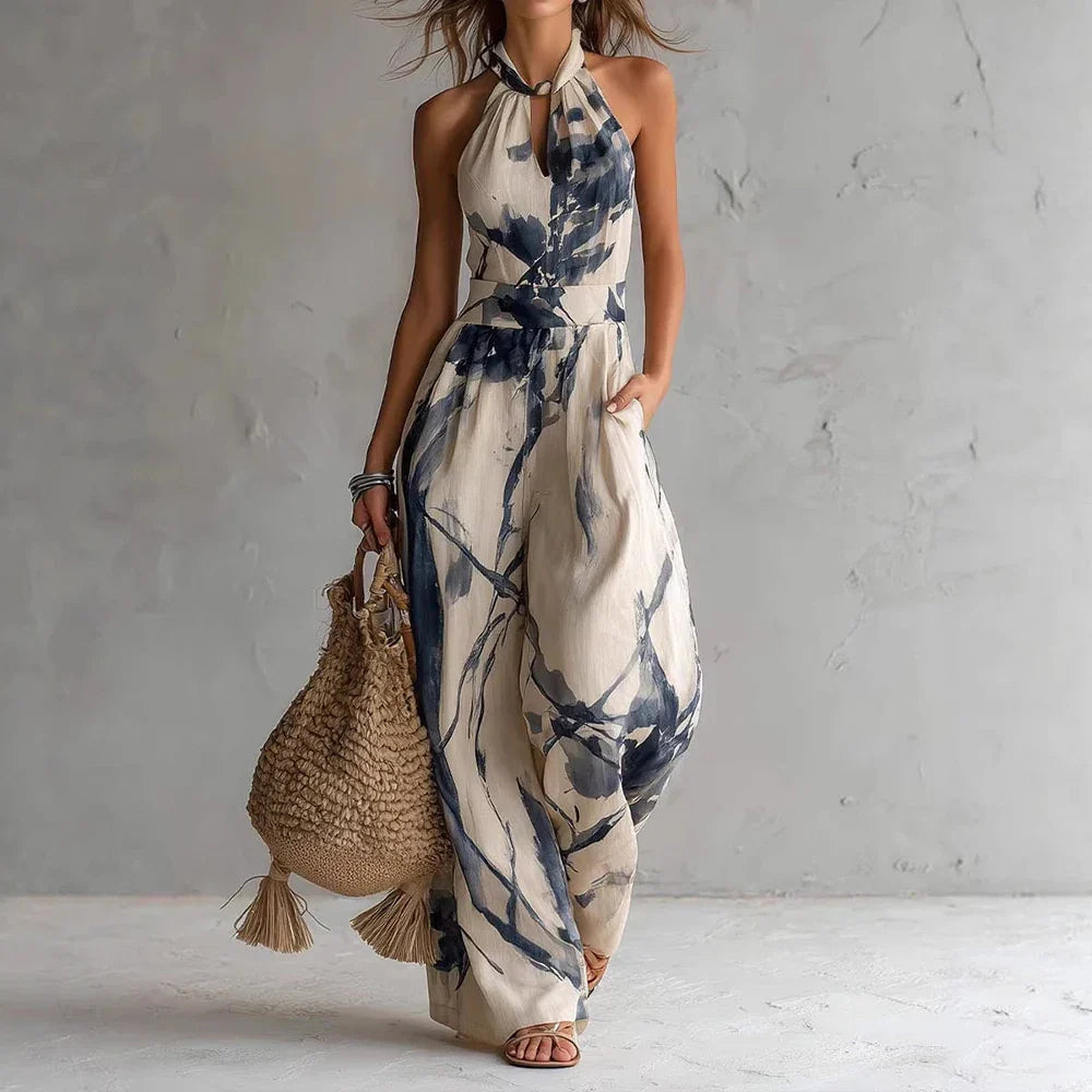 Indigo | Ink Print Wide Leg Halter Neck Jumpsuit