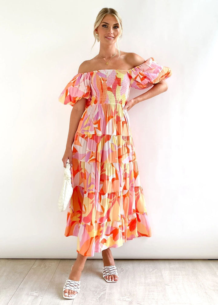 Botanica | Floral Off The Shoulder Dress Smocked Midi