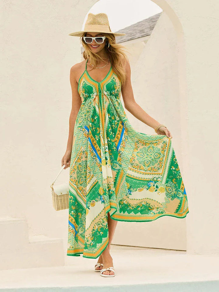 Soraya | Paisley Print Lace-Trim Halter Neck Maxi Dress with V-Neck