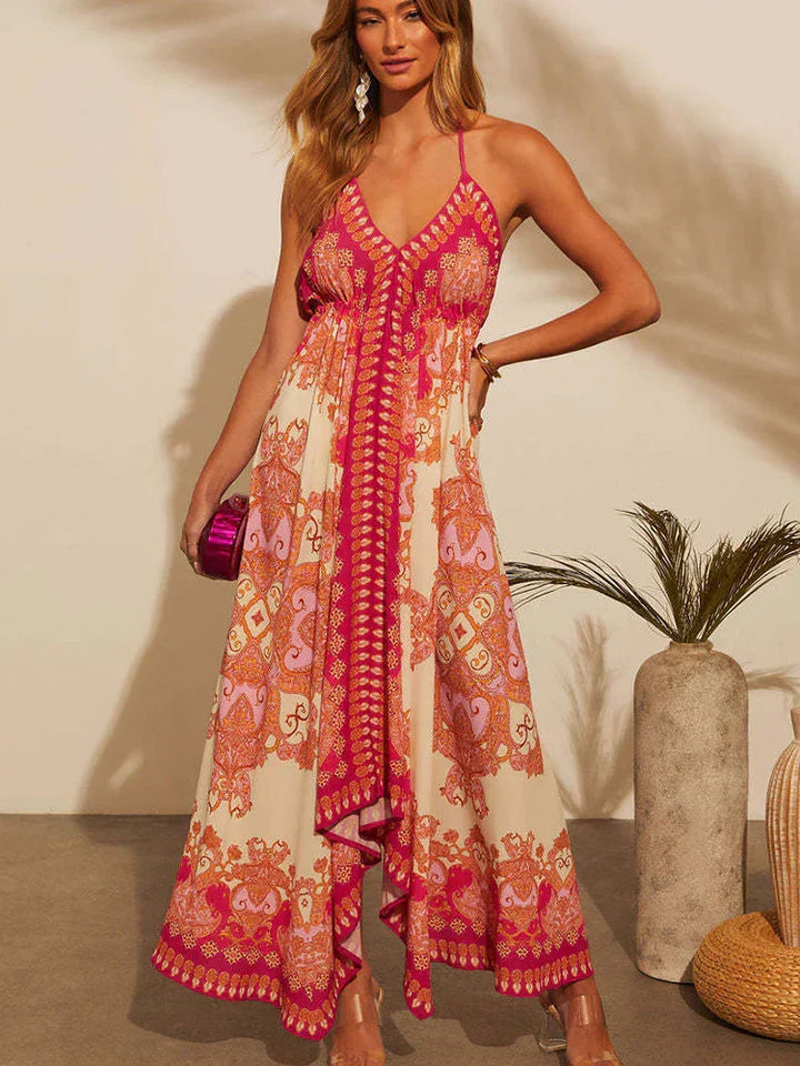 Soraya | Paisley Print Lace-Trim Halter Neck Maxi Dress with V-Neck