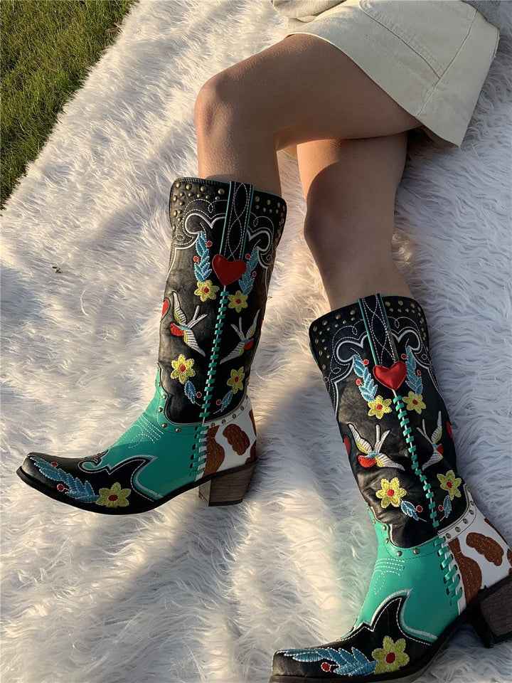 Fiesta | Floral Heart Embroidered Patchwork Knee High Womens Cowboy Boots