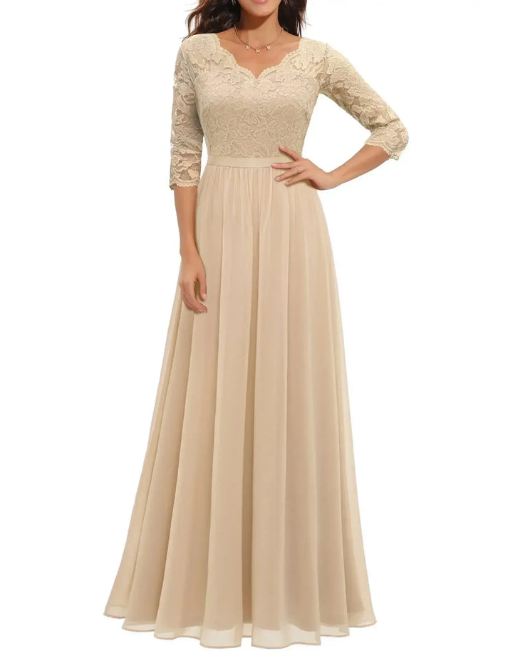 Renata | Lace Bodice Long Sleeve Maxi Fall Wedding Guest Dress