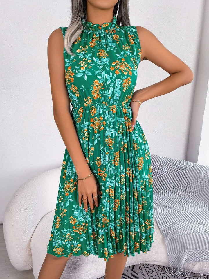 Perenna | Floral Frill-Neck Womens Pleated Midi Dress Sleeveless
