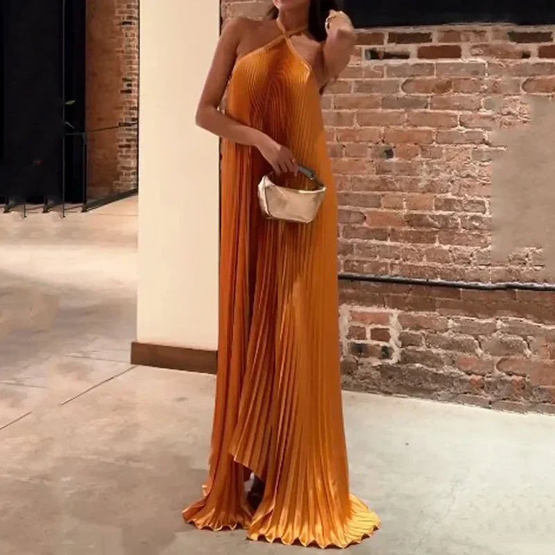 Valencia | Pleated Cross-Strap Maxi Halter Neck Wedding Guest Dress