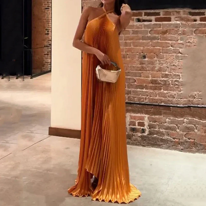 Valencia | Pleated Cross-Strap Maxi Halter Neck Wedding Guest Dress
