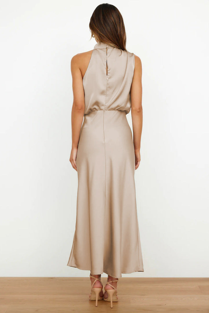Severine | Draped Twist Satin Halter Neck Maxi Dress with Open Back