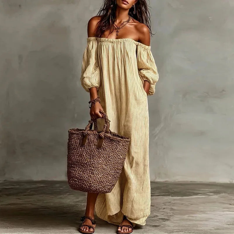 Margaux | Striped Off The Shoulder Dress Linen Maxi