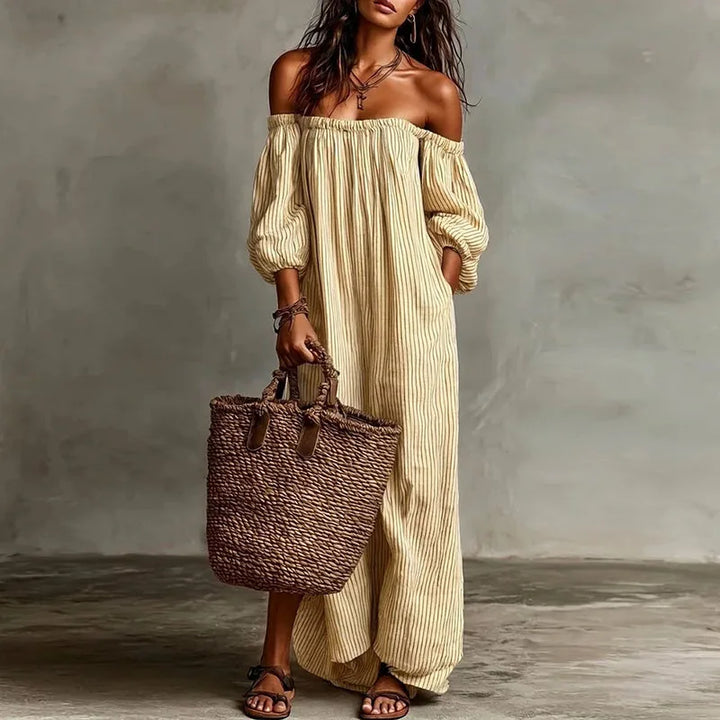 Margaux | Striped Off The Shoulder Dress Linen Maxi