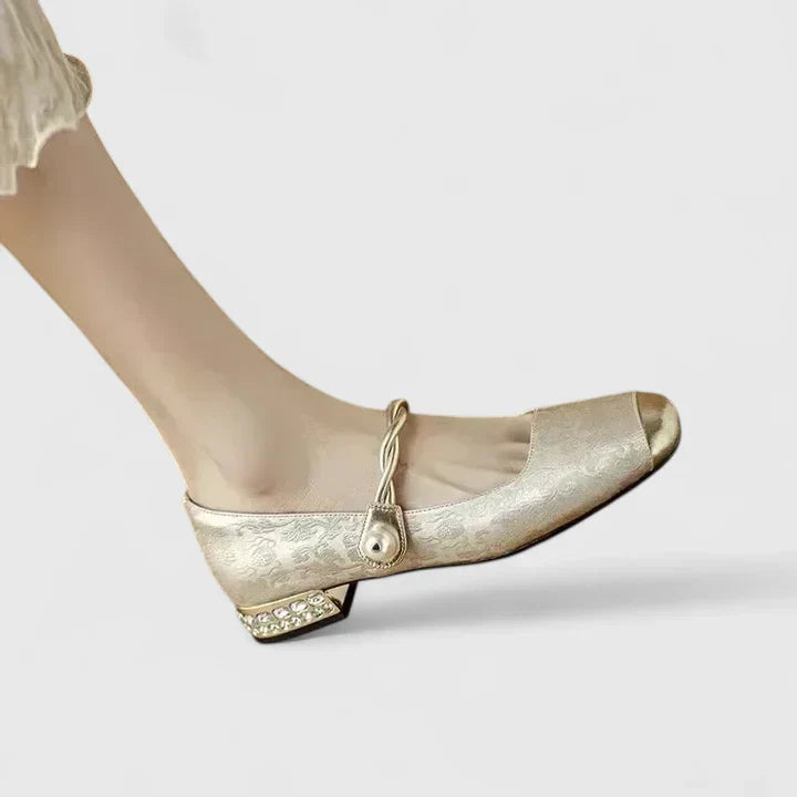 Celeste | Jacquard Crystal Heel Cap Toe Mary Jane Flats