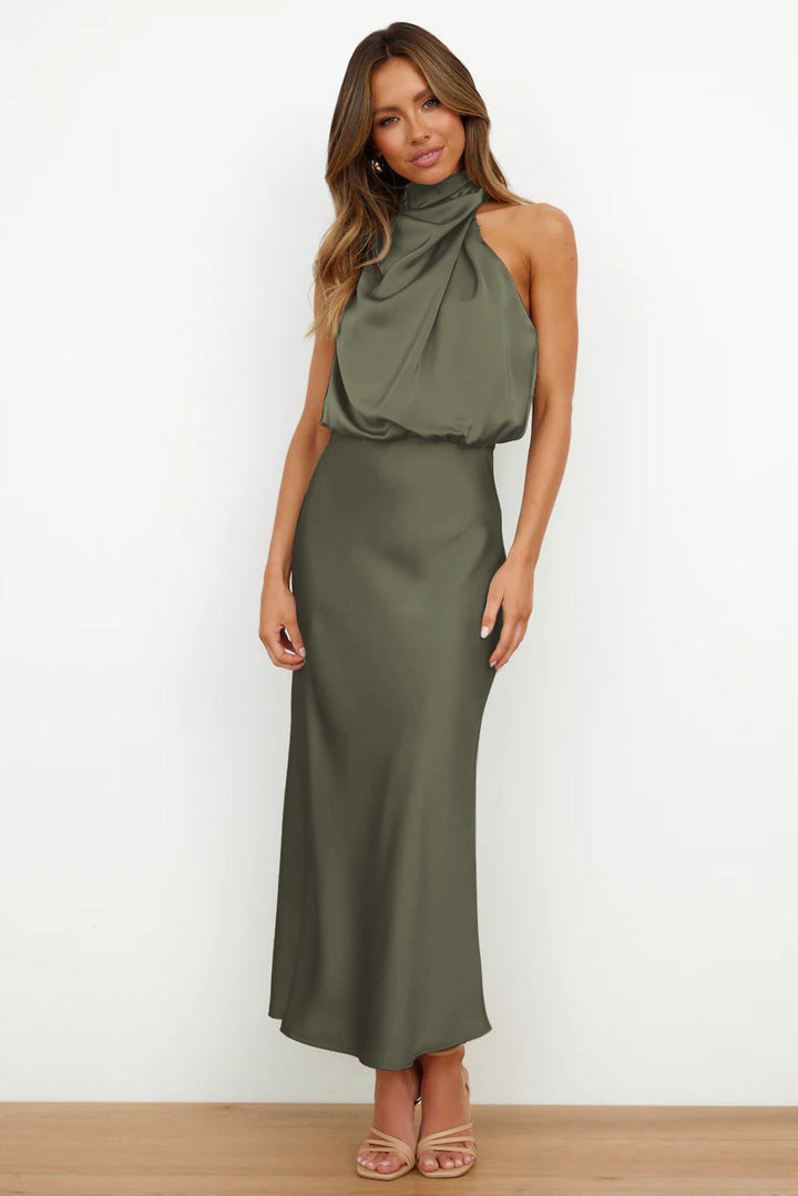 Severine | Draped Twist Satin Halter Neck Maxi Dress with Open Back