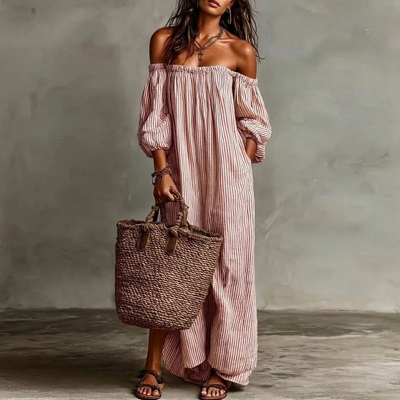 Margaux | Striped Off The Shoulder Dress Linen Maxi