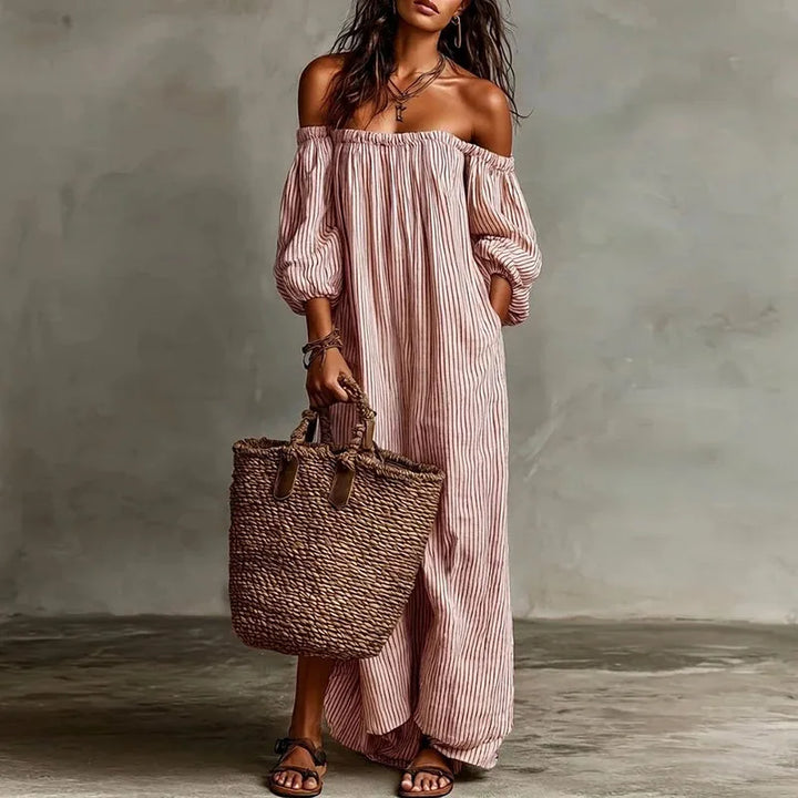 Margaux | Striped Off The Shoulder Dress Linen Maxi
