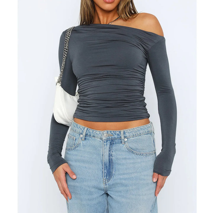 Nova | Ruched Off Shoulder Crop Top – Women's Long Sleeve Going Out Top