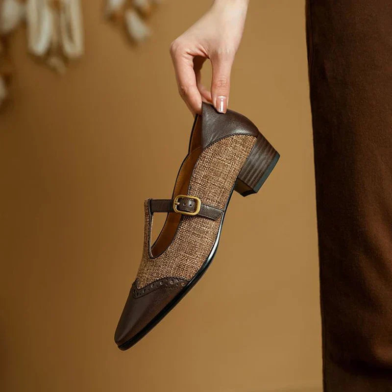 Paloma | Tweed Leather Trim T-Bar Block Heel Mary Jane Flats