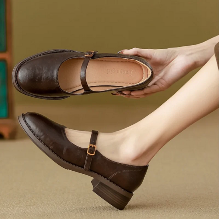 Huxley | Vintage Leather Low Block Heel Mary Jane Flats