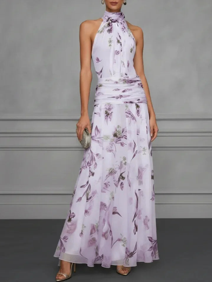 Delphine | Floral Chiffon Ruched Waist Halter Neck Maxi Dress