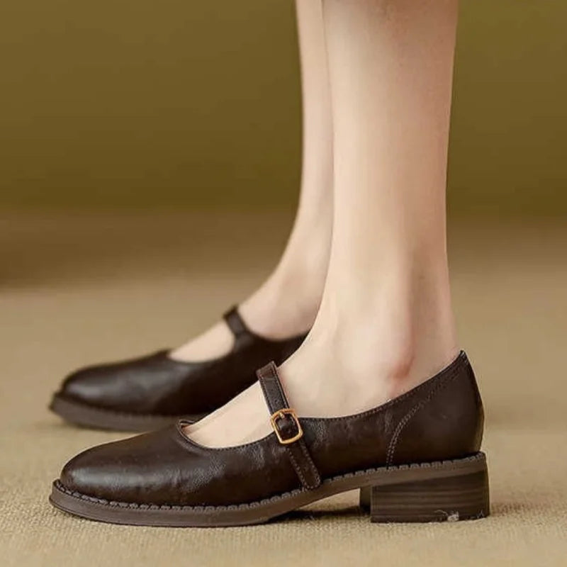 Huxley | Vintage Leather Low Block Heel Mary Jane Flats