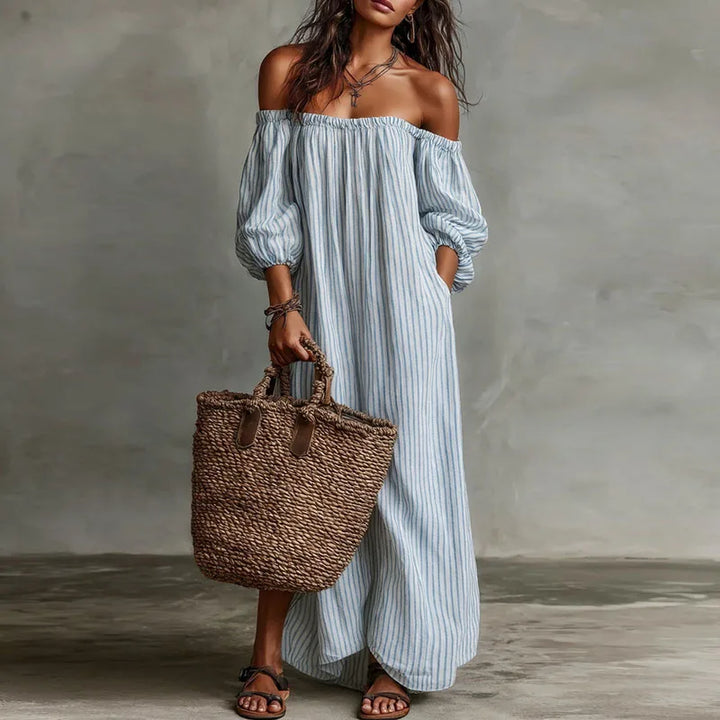 Margaux | Striped Off The Shoulder Dress Linen Maxi