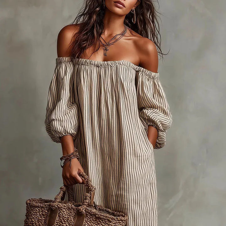 Margaux | Striped Off The Shoulder Dress Linen Maxi