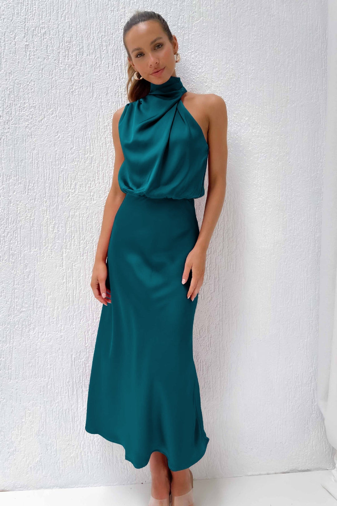 Severine | Draped Twist Satin Halter Neck Maxi Dress with Open Back