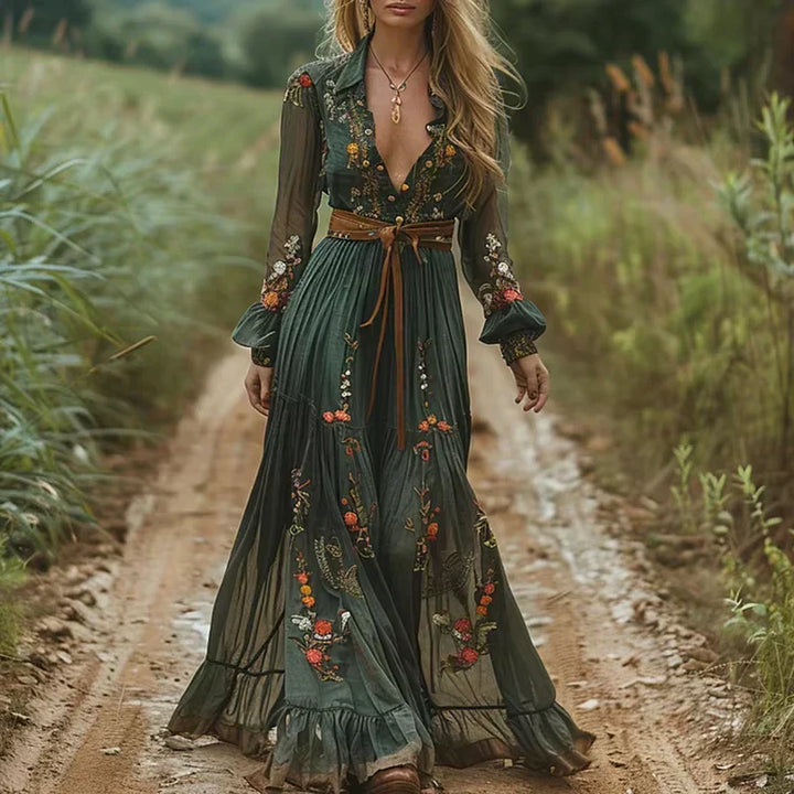 Everleigh | Floral Embroidered Sheer Sleeve Boho Dress